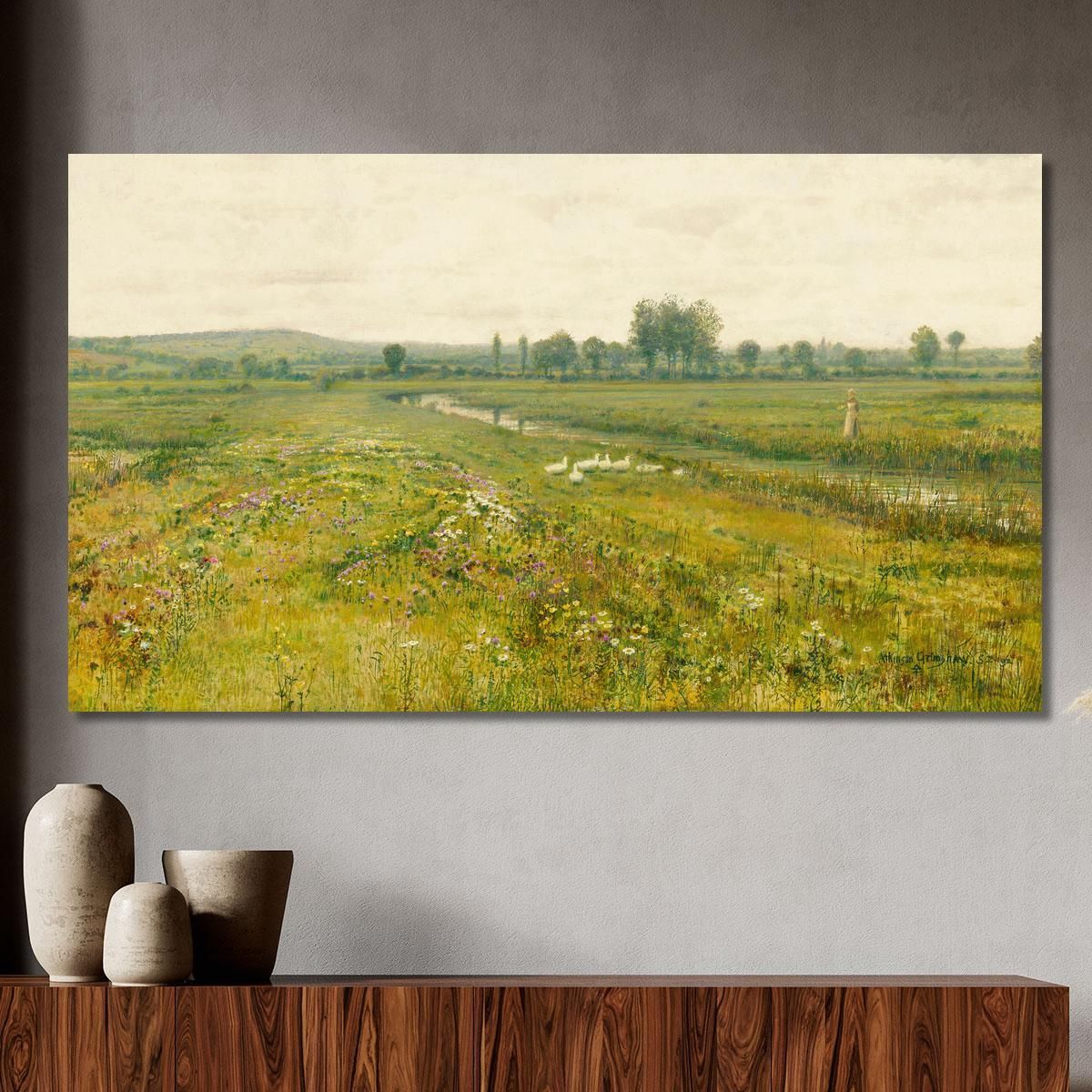 An Extensive Meadow Landscape With Geese By A Stream John Atkinson Grimshaw jag18 canvas print 