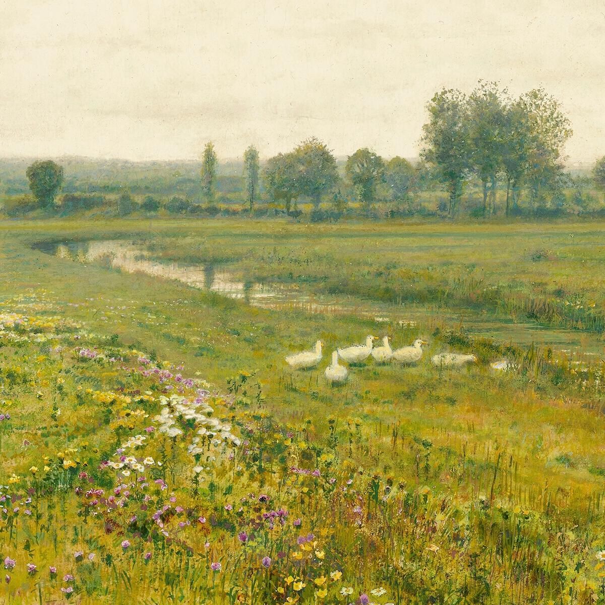 An Extensive Meadow Landscape With Geese By A Stream John Atkinson Grimshaw jag18 canvas print