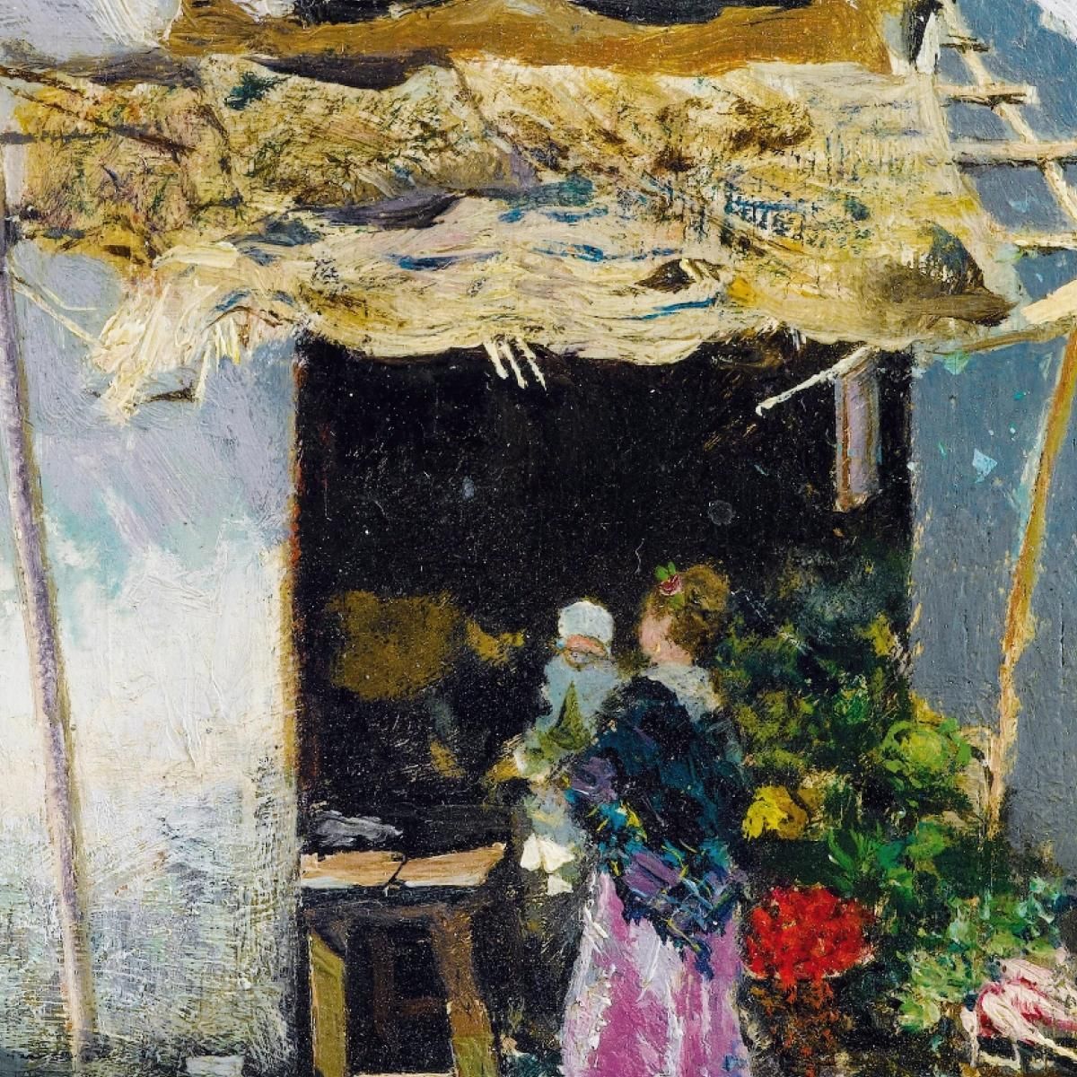Young Woman In A Lilac Skirt In Front Of A Vegetable Stall Mariano Fortuny Marsal mfm26 canvas print