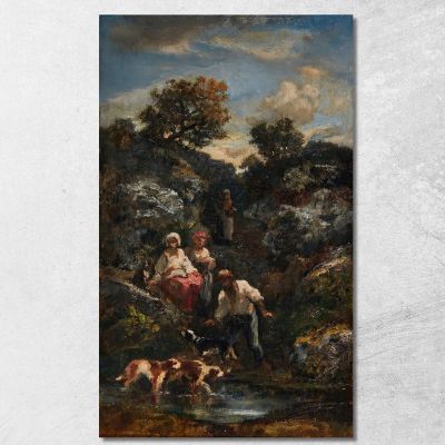 Four Bohemians And Dogs At A Pond Near Rocks Narcisse-Virgile Diaz de La Peña nvd59 canvas print 