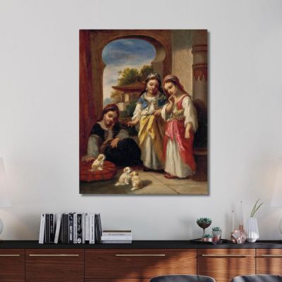 Three Little Girls And Three Puppies In Turkey Narcisse-Virgile Diaz de La Peña nvd76 canvas print 