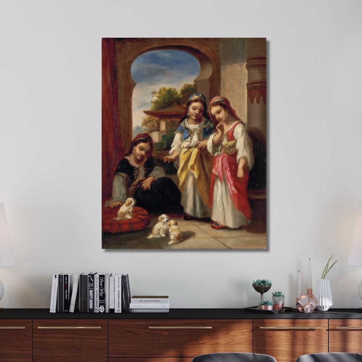 Three Little Girls And Three Puppies In Turkey Narcisse-Virgile Diaz de La Peña nvd76 canvas print 