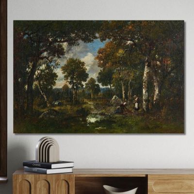 Sparsely Wooded Area With Rocks And A Wood Gatherer Narcisse-Virgile Diaz de La Peña nvd87 canvas print 