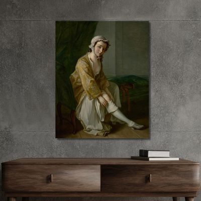 A Young Woman Pulling On Her Stocking Philippe Mercier pmr2 canvas print 