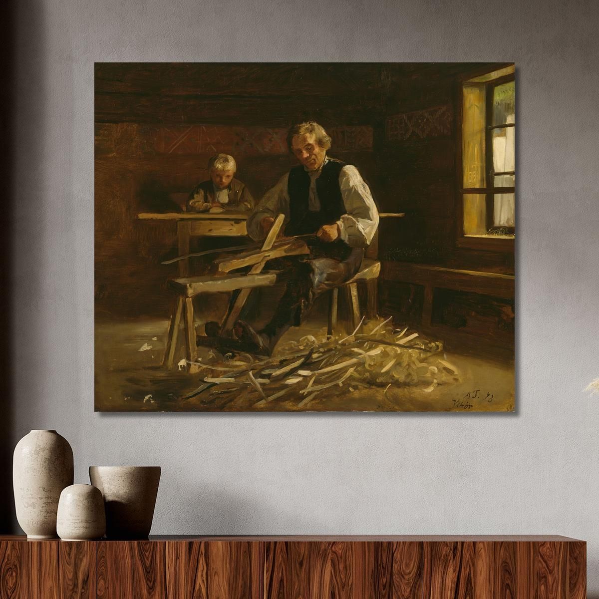 Interior From Vikøy With Farmer Making Barrel Hoops Adolph Tidemand atd35 canvas print 