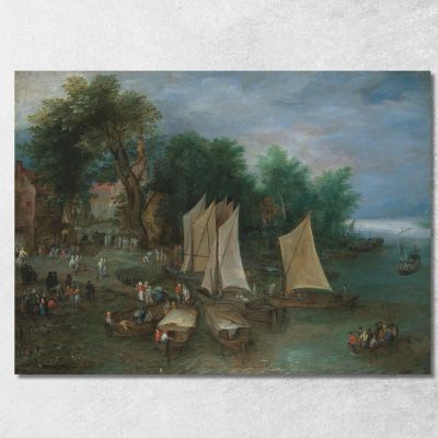 A Landing Stage Near A Village With Shipping And Figures Jan Brueghel The Elder jbe1 canvas print 