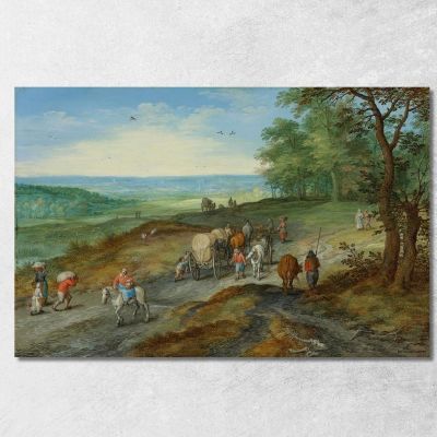 A Panoramic Landscape With A Covered Wagon And Travelers On A Highway Jan Brueghel The Elder jbe3 canvas print 