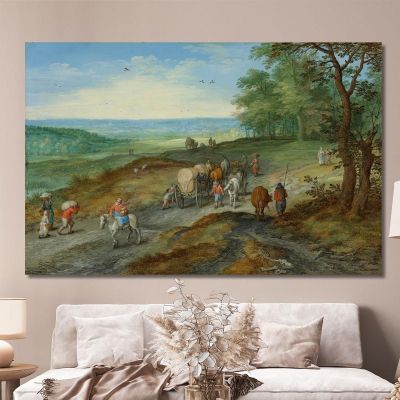 A Panoramic Landscape With A Covered Wagon And Travelers On A Highway Jan Brueghel The Elder jbe3 canvas print 