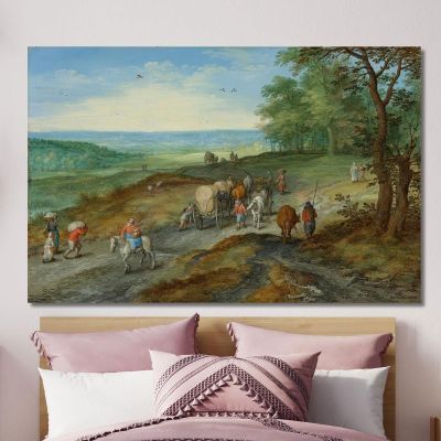 A Panoramic Landscape With A Covered Wagon And Travelers On A Highway Jan Brueghel The Elder jbe3 canvas print 