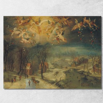 A Winter Landscape With Villagers Gathering Wood And Skaters On A Frozen River Putti Scattering Flowers Above Jan Brueghel The 