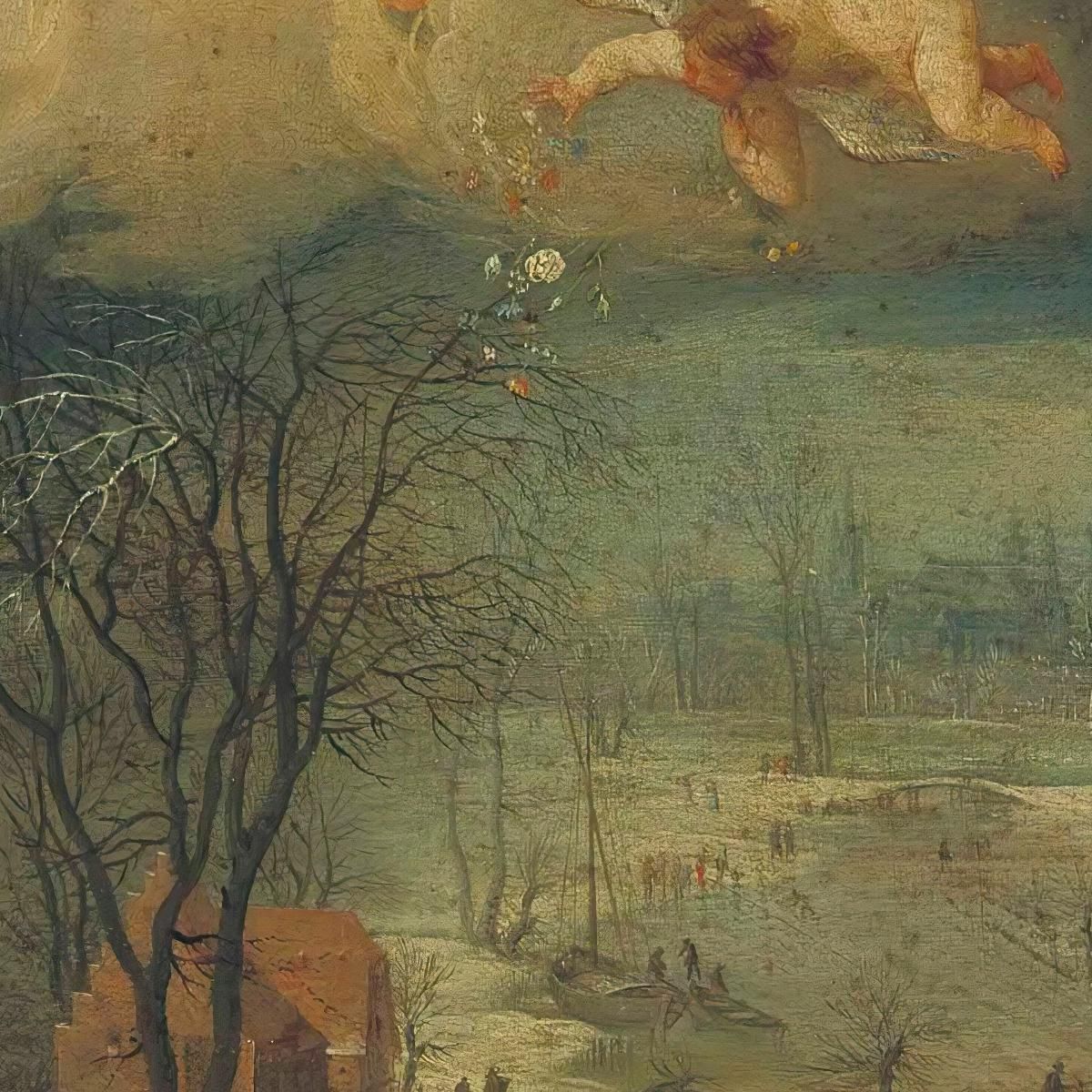 A Winter Landscape With Villagers Gathering Wood And Skaters On A Frozen River Putti Scattering Flowers Above Jan Brueghel The