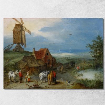 Landscape With A Windmill Various Figures Horses And Animals Near A Farmstead Jan Brueghel The Elder jbe18 canvas print 