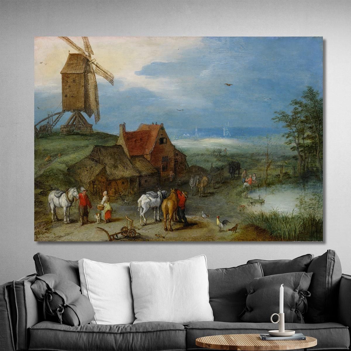 Landscape With A Windmill Various Figures Horses And Animals Near A Farmstead Jan Brueghel The Elder jbe18 canvas print 