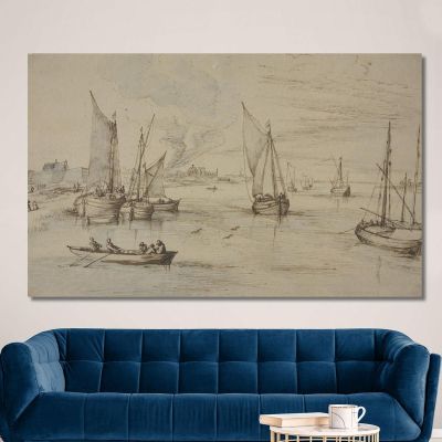 Marine Mit Vielen Schiffen Links Ein Dorf Vorn Ein Ruderboot Jan Brueghel The Elder jbe27 canvas print 