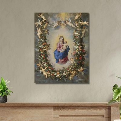 The Virgin And Child Encircled By A Garland Of Flowers Held Aloft By Cherubs Jan Brueghel The Elder jbe47 canvas print 