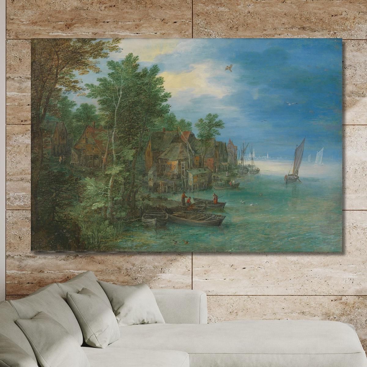 View Of A Village Along A River Jan Brueghel The Elder jbe50 canvas print 