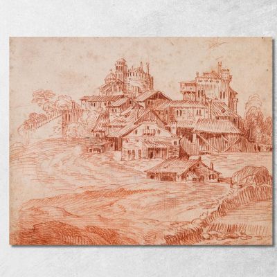 Fortified Village With A Castle Keep And A Church Jean-Antoine Watteau jaw9 canvas print 