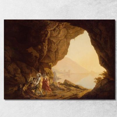 Grotto By The Seaside In The Kingdom Of Naples With Banditti Sunset Joseph Wright of Derby jwd19 canvas print