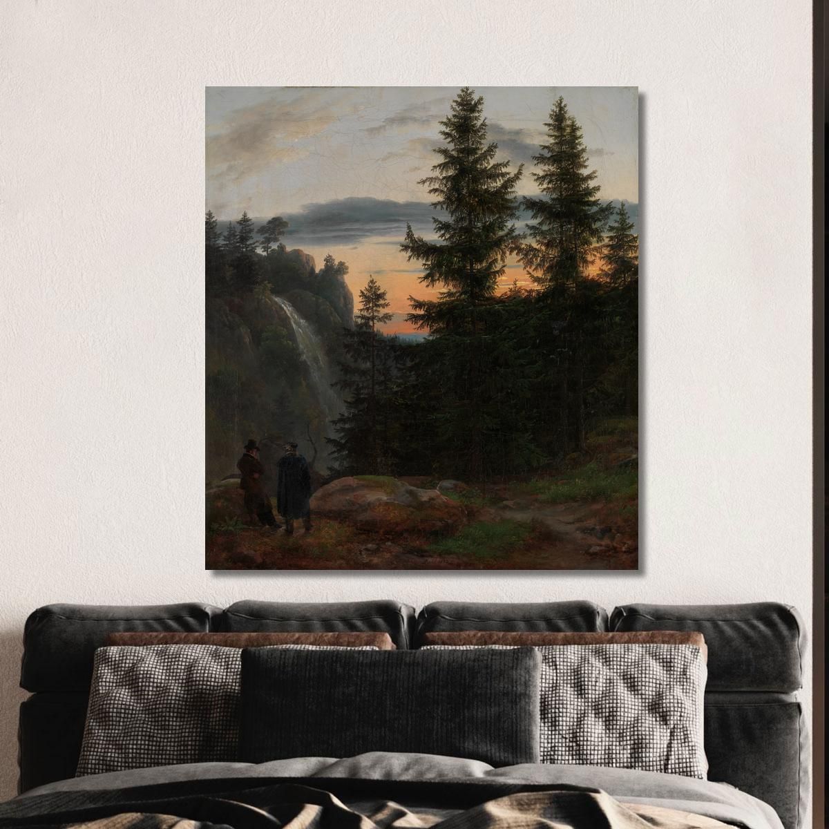 Two Men Before A Waterfall At Sunset Johan Christian Dahl jcd73 canvas print 