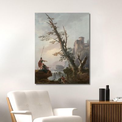 Soldiers And Fishermen In A Waterfall Landscape Charles François Daubigny cfd74 canvas print 