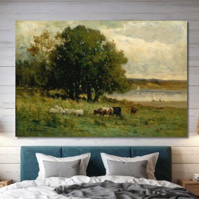 Cattle Near River With Sailboat In Distance Edward Mitchell Bannister emb39 canvas print 