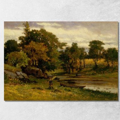 Landscape Boat Moored Near Stream Man Walking In Foreground Edward Mitchell Bannister emb53 canvas print 