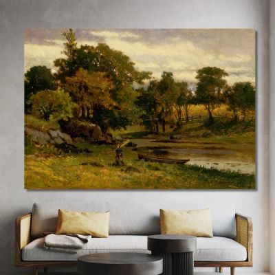 Landscape Boat Moored Near Stream Man Walking In Foreground Edward Mitchell Bannister emb53 canvas print 