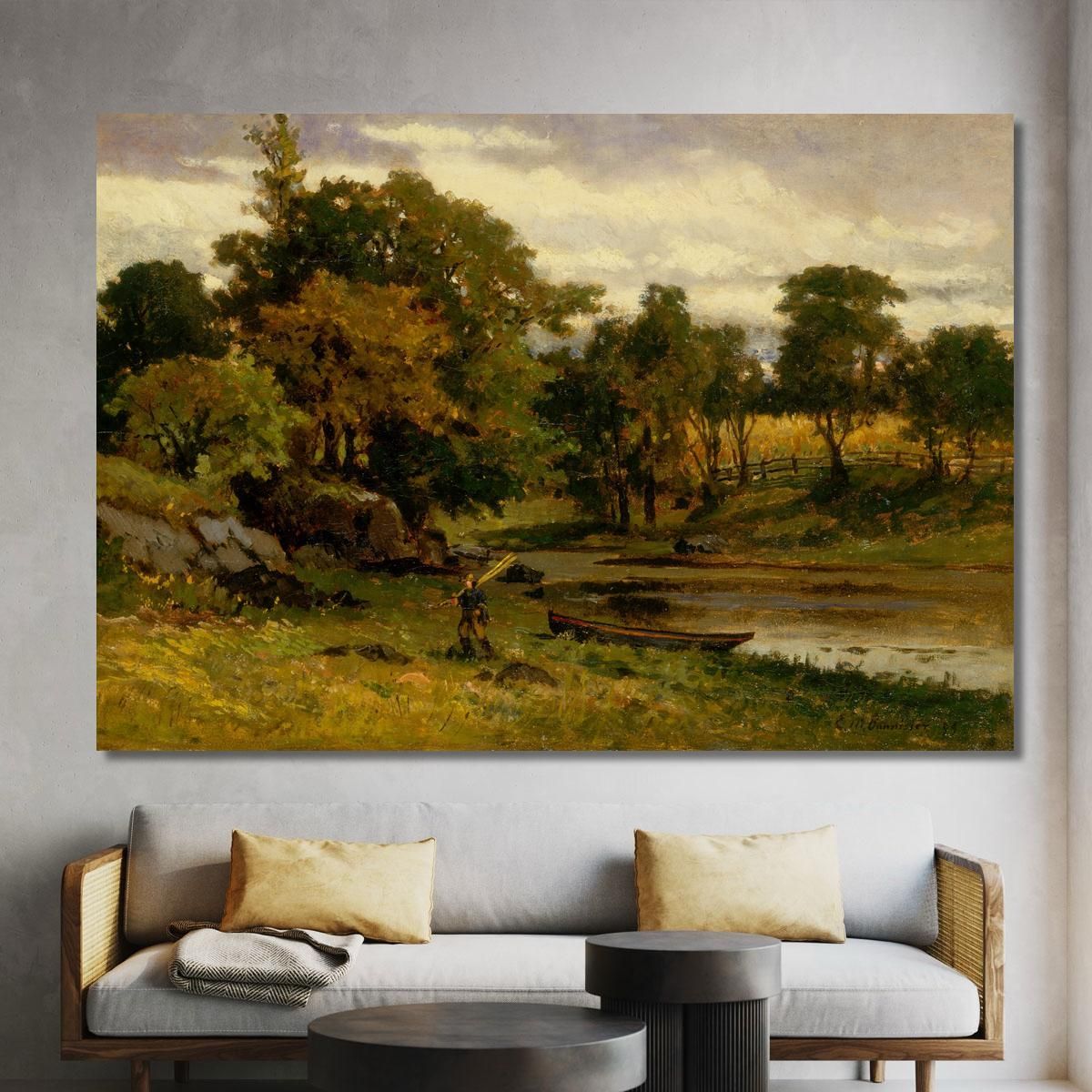 Landscape Boat Moored Near Stream Man Walking In Foreground Edward Mitchell Bannister emb53 canvas print 
