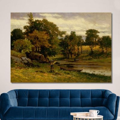 Landscape Boat Moored Near Stream Man Walking In Foreground Edward Mitchell Bannister emb53 canvas print 