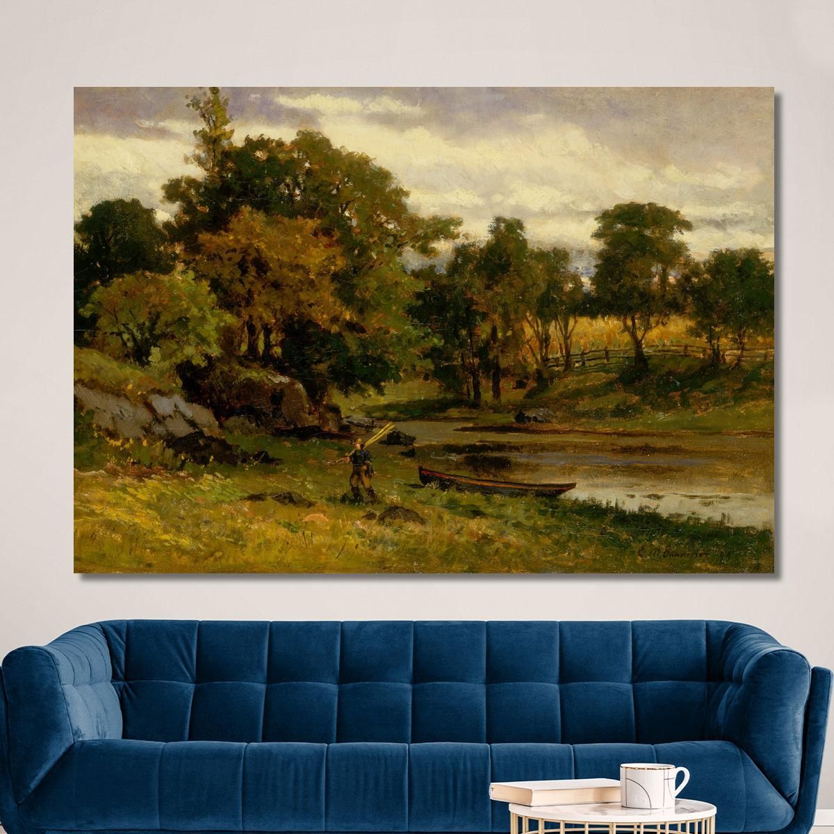 Landscape Boat Moored Near Stream Man Walking In Foreground Edward Mitchell Bannister emb53 canvas print 