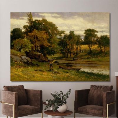 Landscape Boat Moored Near Stream Man Walking In Foreground Edward Mitchell Bannister emb53 canvas print 