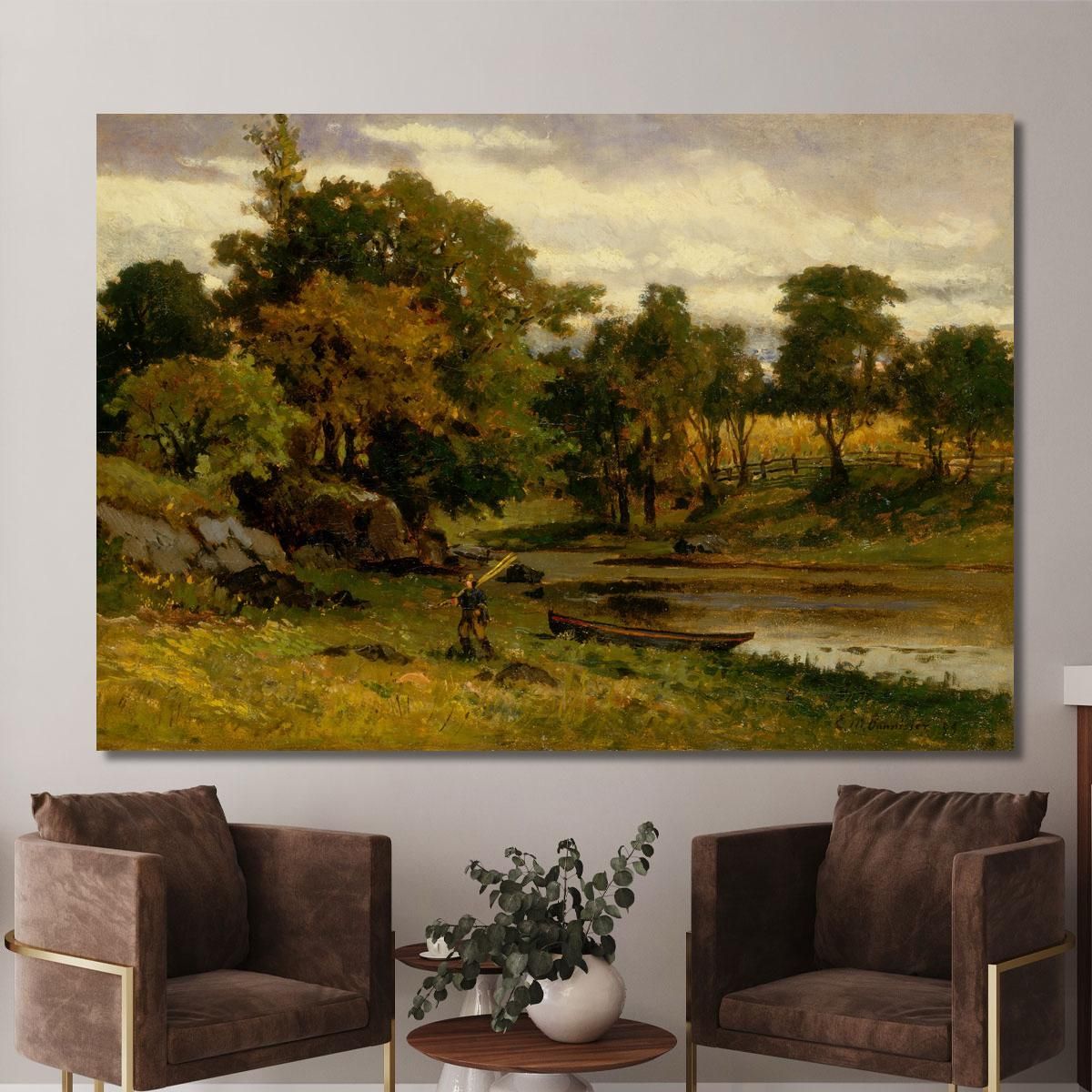 Landscape Boat Moored Near Stream Man Walking In Foreground Edward Mitchell Bannister emb53 canvas print 