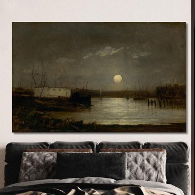 Moon Over A Harbor Wharf Scene With Full Moon And Masts Of Boats Edward Mitchell Bannister emb63 canvas print 