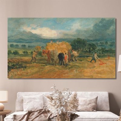 A Harvest Scene With Workers Loading Hay On To A Farm Wagon James Ward jwr3 canvas print 