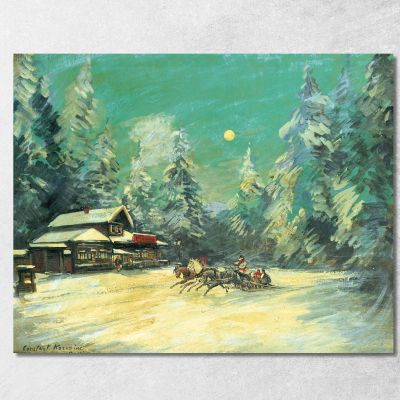 Troika Passing In Front Of An Inn At Night Konstantin Alexeevich Korovin kak35 canvas print 