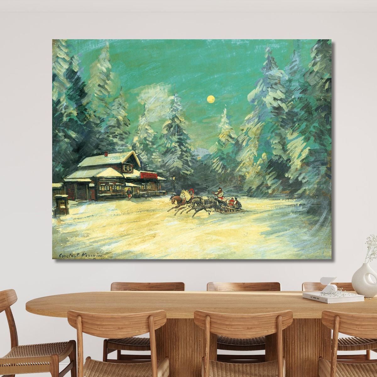 Troika Passing In Front Of An Inn At Night Konstantin Alexeevich Korovin kak35 canvas print 
