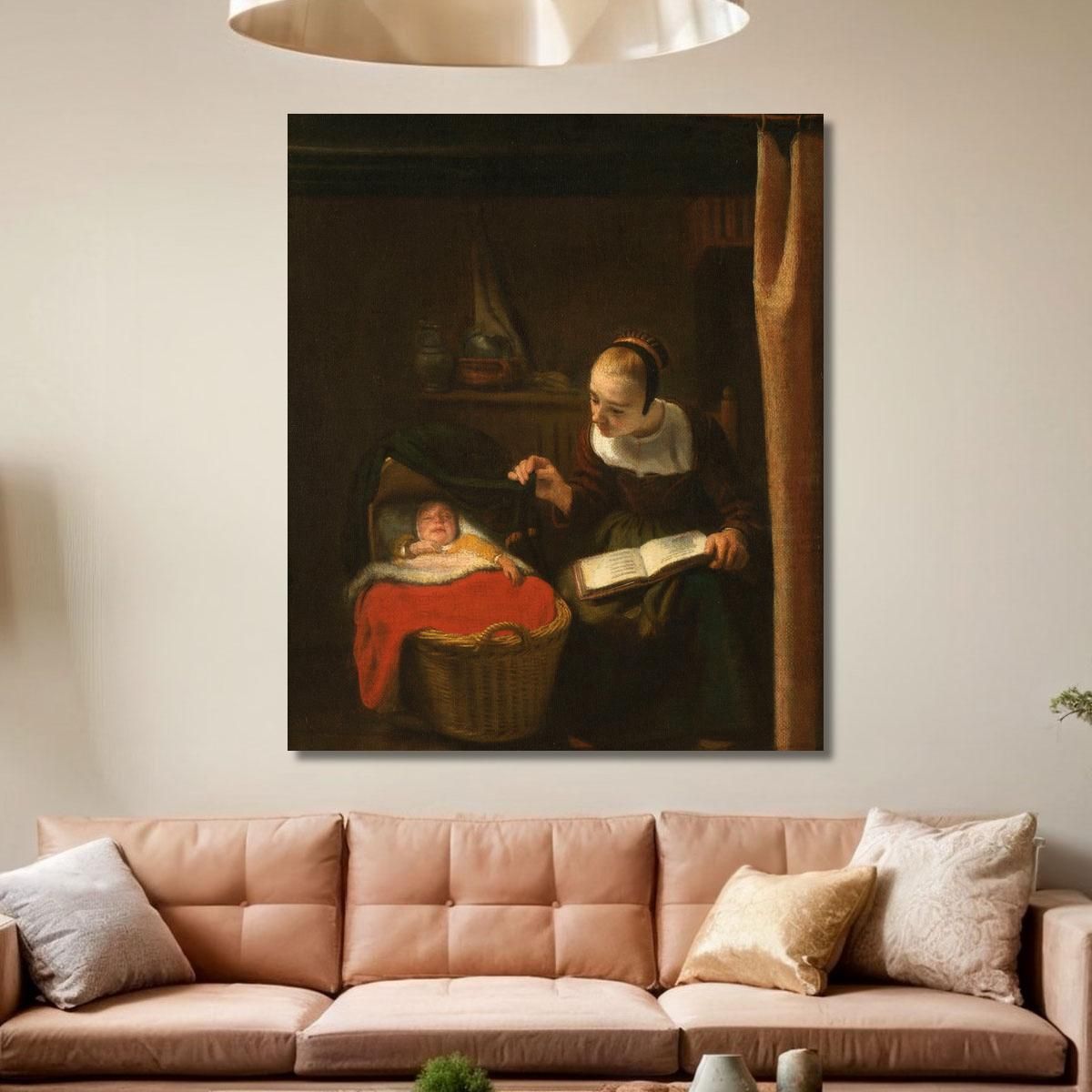 Young Woman At A Cradle Nicolaes Maes nma43 canvas print 