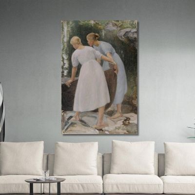 Girls Pushing A Boat Pekka Halonen phl8 canvas print 
