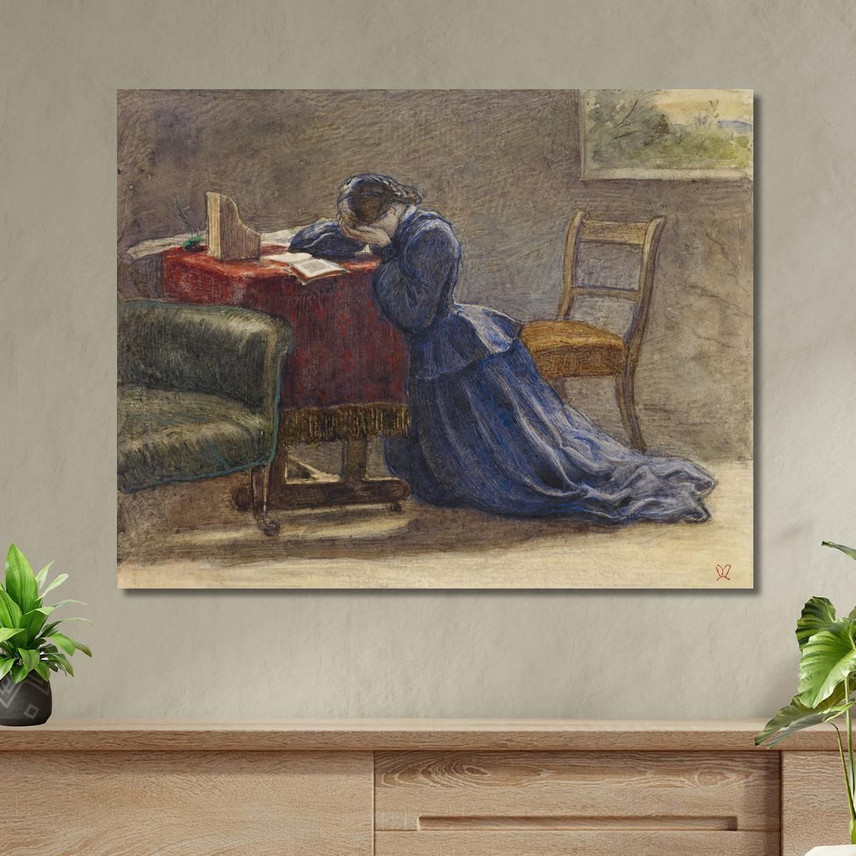 A Wife – Face In Both Hands She Knelt On The Carpet Sir John Everett Millais jem3 canvas print 