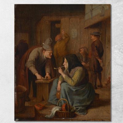A Tavern Interior With A Woman Smoking A Pipe And A Man Cutting Tobacco Jan Steen jsn9 canvas print 