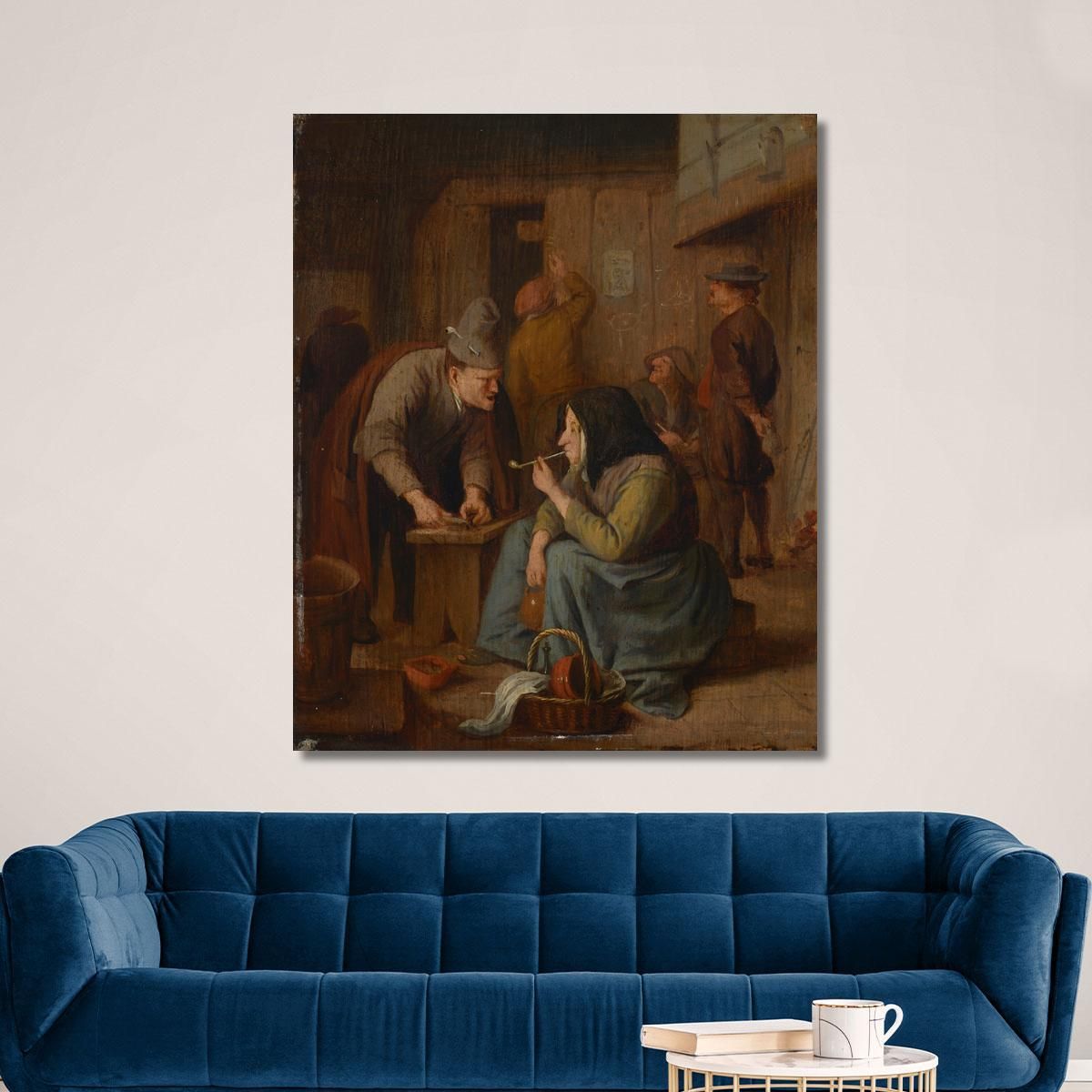 A Tavern Interior With A Woman Smoking A Pipe And A Man Cutting Tobacco Jan Steen jsn9 canvas print 