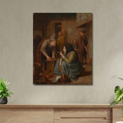 A Tavern Interior With A Woman Smoking A Pipe And A Man Cutting Tobacco Jan Steen jsn9 canvas print 