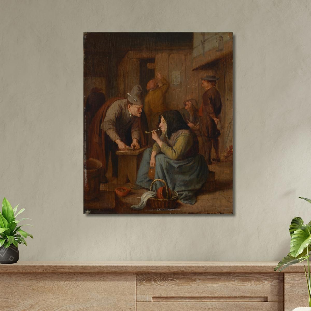 A Tavern Interior With A Woman Smoking A Pipe And A Man Cutting Tobacco Jan Steen jsn9 canvas print 