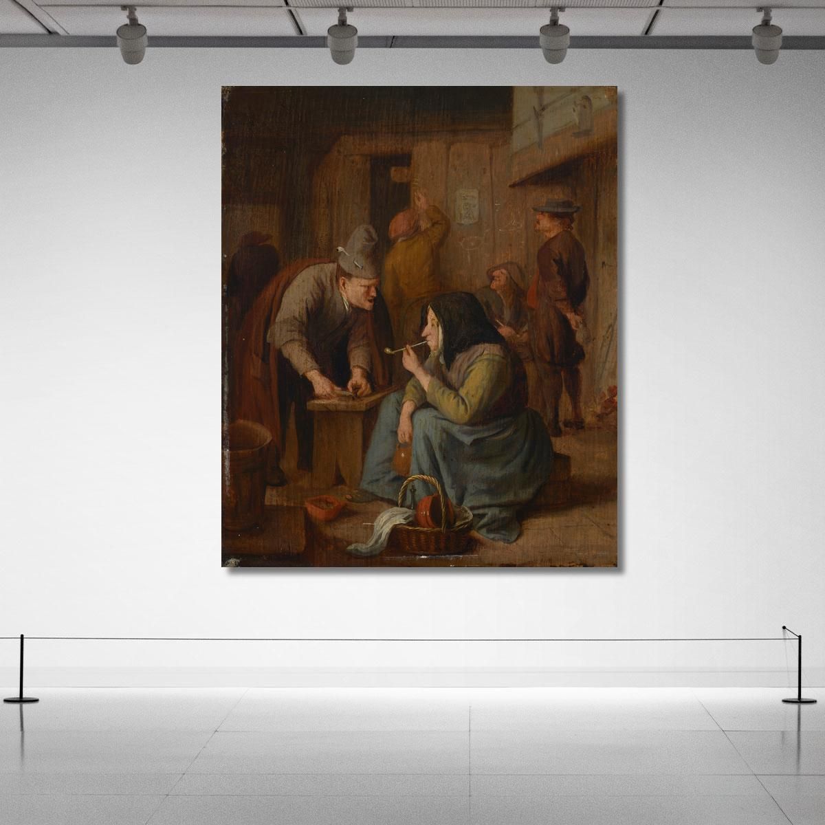 A Tavern Interior With A Woman Smoking A Pipe And A Man Cutting Tobacco Jan Steen jsn9 canvas print 