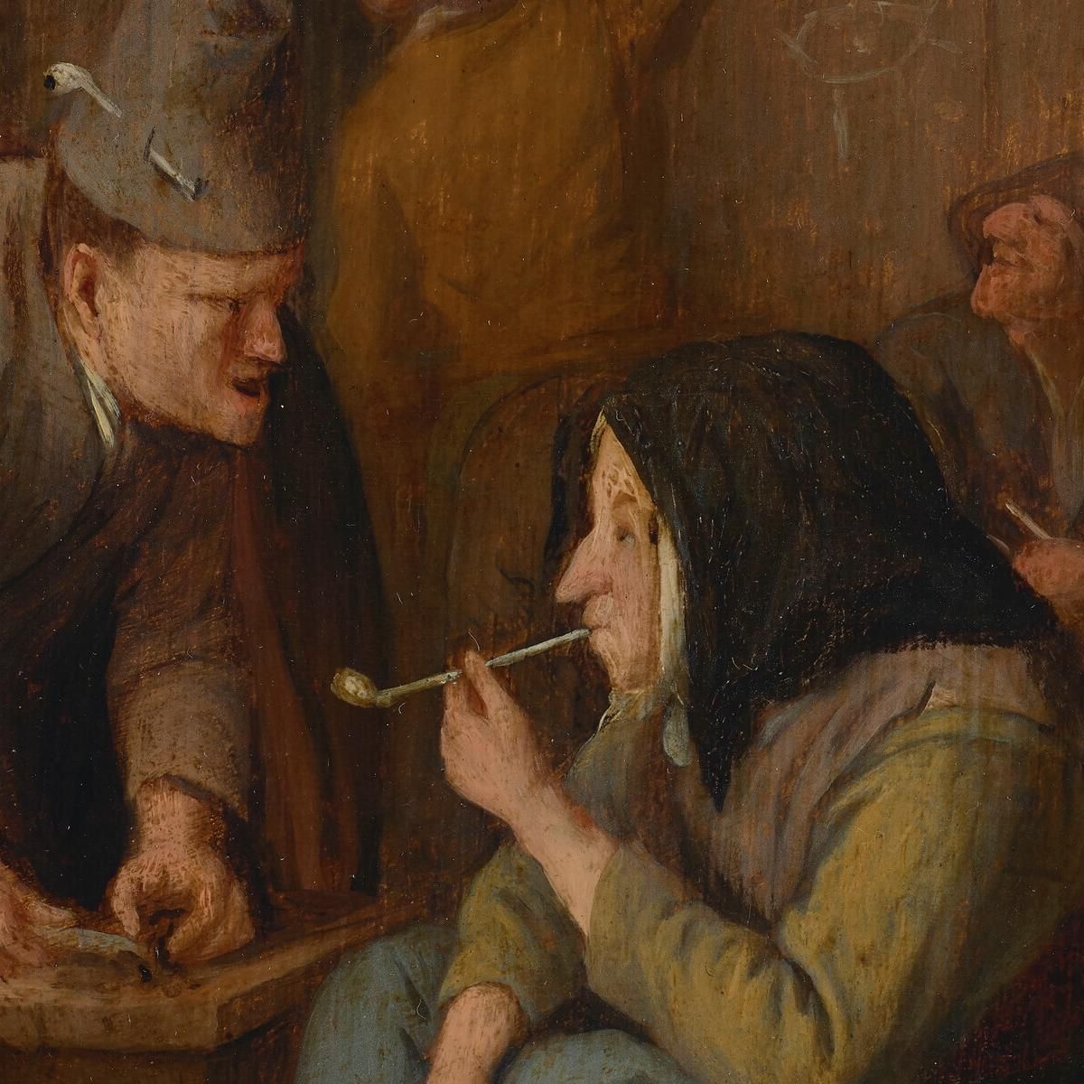 A Tavern Interior With A Woman Smoking A Pipe And A Man Cutting Tobacco Jan Steen jsn9 canvas print