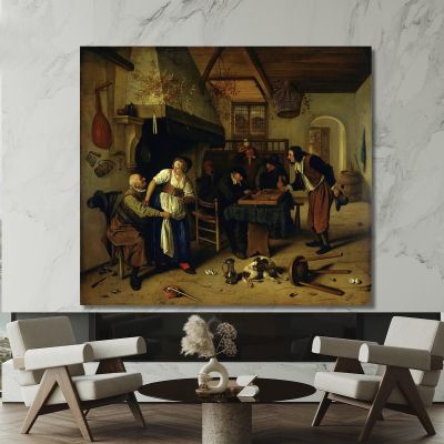 Interior Of An Inn With An Old Man Amusing Himself With The Landlady And Two Men Playing Backgammon Known As Two Kinds Of Game