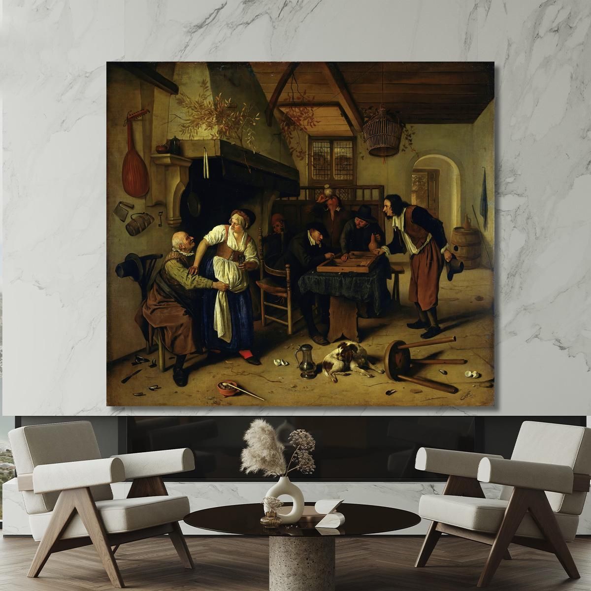 Interior Of An Inn With An Old Man Amusing Himself With The Landlady And Two Men Playing Backgammon Known As Two Kinds Of Game