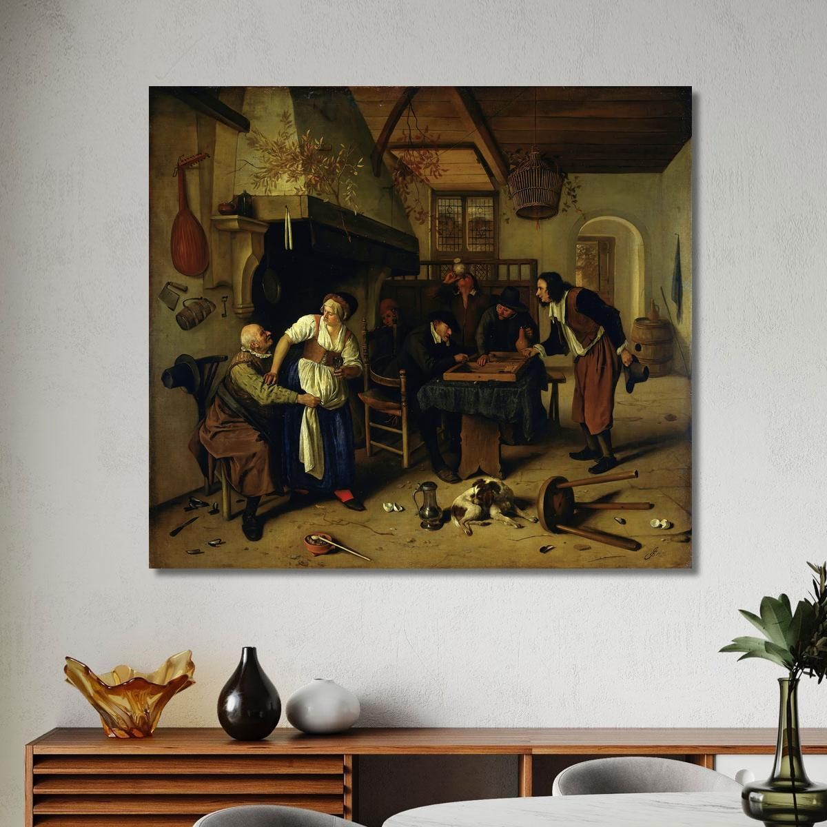 Interior Of An Inn With An Old Man Amusing Himself With The Landlady And Two Men Playing Backgammon Known As Two Kinds Of Game