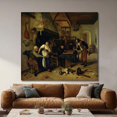 Interior Of An Inn With An Old Man Amusing Himself With The Landlady And Two Men Playing Backgammon Known As Two Kinds Of Game