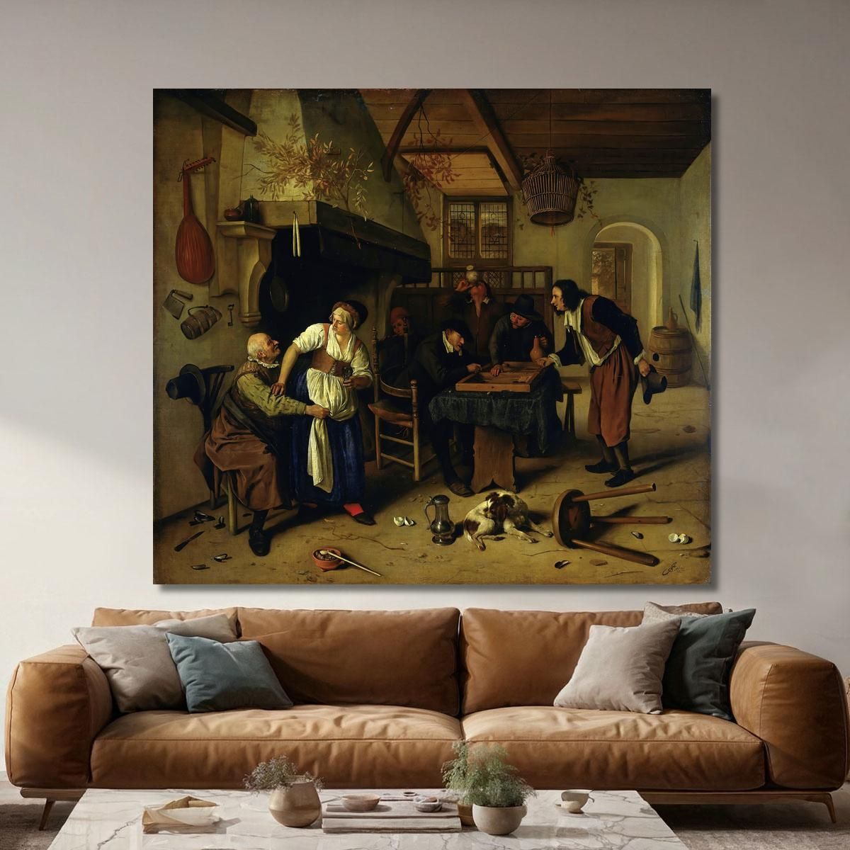 Interior Of An Inn With An Old Man Amusing Himself With The Landlady And Two Men Playing Backgammon Known As Two Kinds Of Game